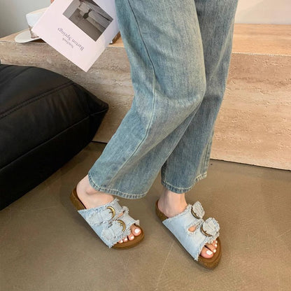 P denim thick-bottomed Birkenstocks slippers women's summer wear new Korean version French temperament casual flat-bottomed women's sandals - Mixbatch
