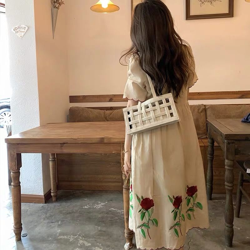 P temperament rose long dress super fairy skirt summer new large size thin belly cover V neck cotton and linen dress