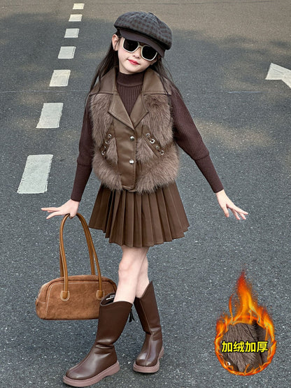 P girls' suit autumn and winter children's foreign style imitation fur vest older children's girls thickened bottoming shirt leather skirt three-piece set