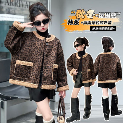 P autumn and winter foreign style new two-sided lamb leopard print top thickened children