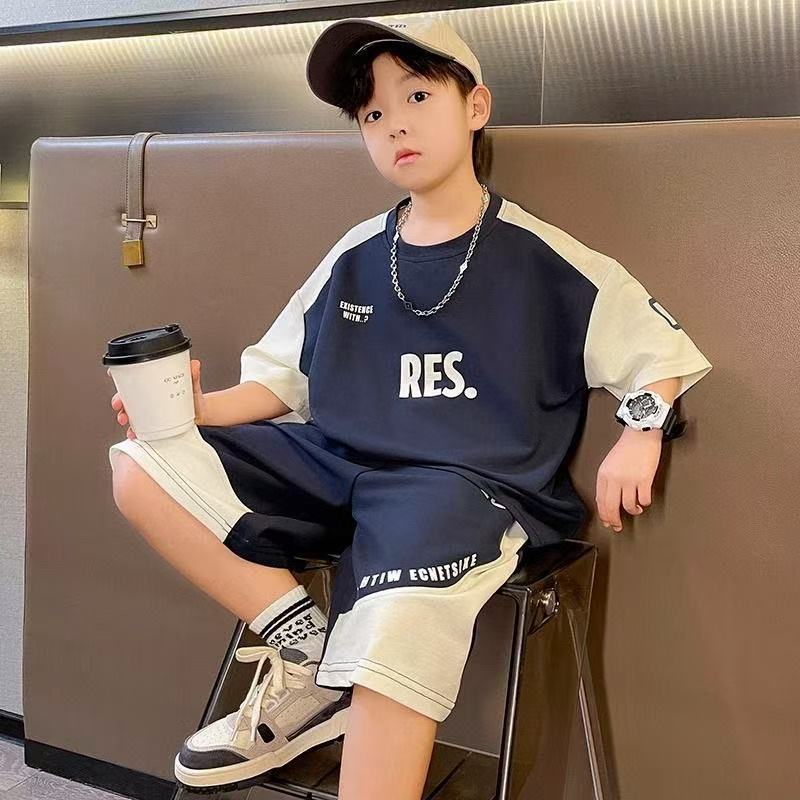 P [Pure Cotton Set] Boys Summer Short Sleeve Set Medium and Older Children's Sports Two-piece Set Boys Handsome Short Sleeve Shorts