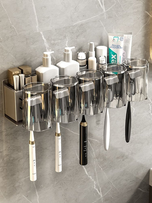 Gun ash toothbrush rack punch-free bathroom electric toothbrush holder gargle cup wall-mounted tooth cup storage rack - Mixbatch