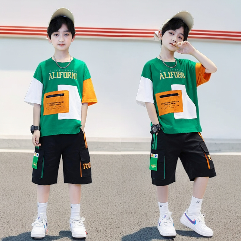 P boys summer suit popular foreign Korean version medium and older boys handsome summer short-sleeved two-piece set for children