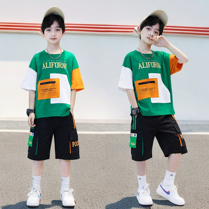 P boys summer suit popular foreign Korean version medium and older boys handsome summer short-sleeved two-piece set for children
