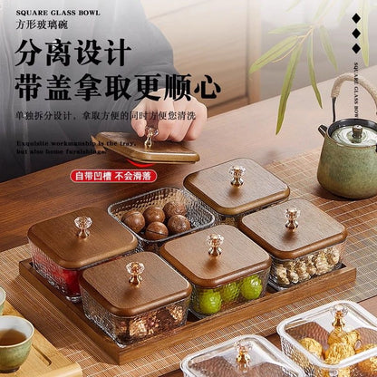 P Bamboo Wood Glass Fruit Snack Plate with Lid