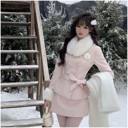 P Bowknot Waist-Cinching Coat and Dress Set