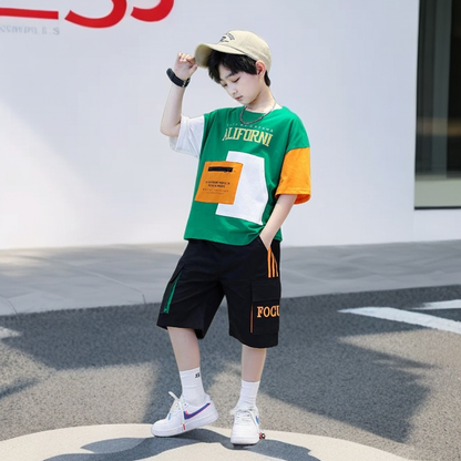 P boys summer suit popular foreign Korean version medium and older boys handsome summer short-sleeved two-piece set for children