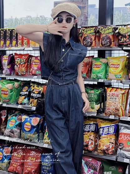 P Sleeveless Shirt Straight Wide Leg Pants Two-piece Set