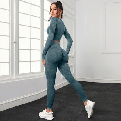P new fashion washed hip lift high waist sports fitness pants two-piece set mesh tight long sleeve yoga fitness set