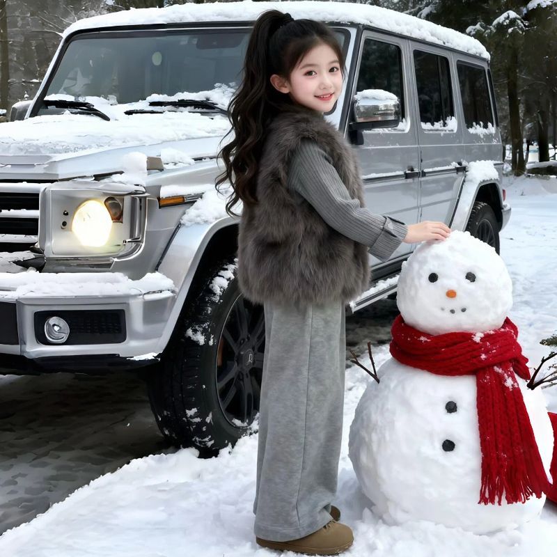 P Girls' Suit Autumn and Winter New Fashion Children's Fur Vest Foreign Thickened Pants Fashionable Three-Piece Set