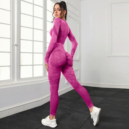 P new fashion washed hip lift high waist sports fitness pants two-piece set mesh tight long sleeve yoga fitness set