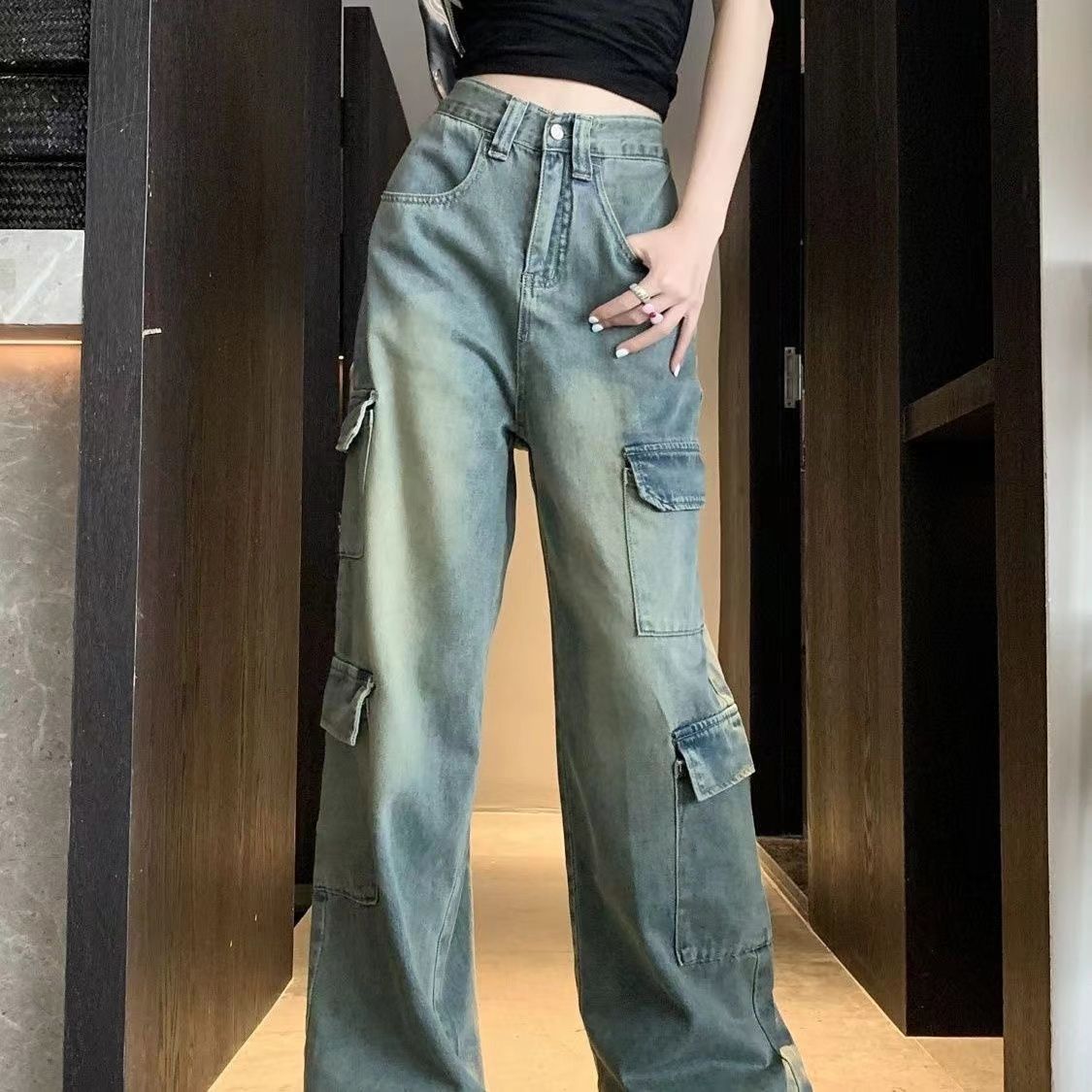 A American retro tooling jeans women's autumn new loose high-waisted and thin straight wide-leg pants floor-mopping trousers