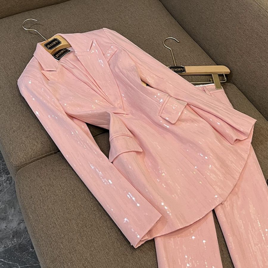 P autumn new pink temperament high-end casual blazer high waist trousers suit women