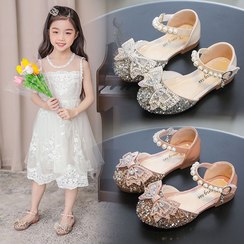 P Fashion Summer Middle School Older Children Soft Flats Spring Leather Shoes Princess Shoes Dance Shoes Crystal Shoes