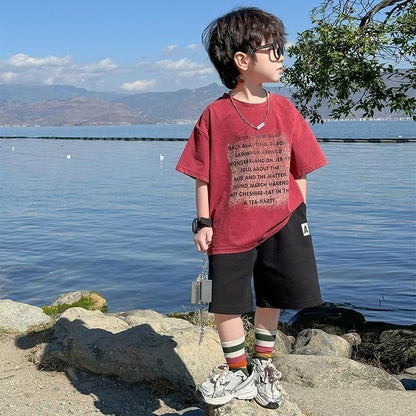 P boys summer new suit children's short-sleeved Korean version loose dragon fruit T-shirt black shorts two-piece set trendy