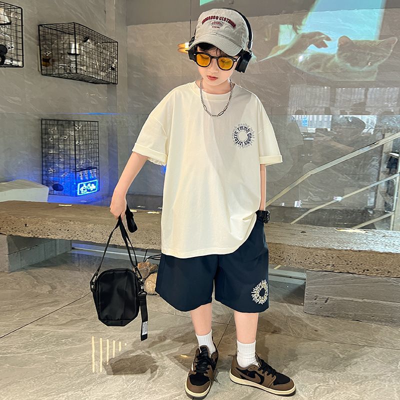 P boys summer suit new middle-aged and older boys children summer two-piece set short-sleeved handsome clothes