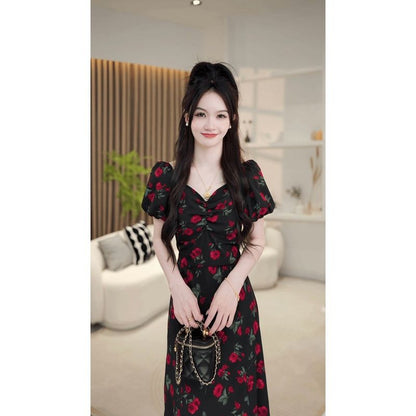 P floral bubble sleeve dress waist long V-neck dress