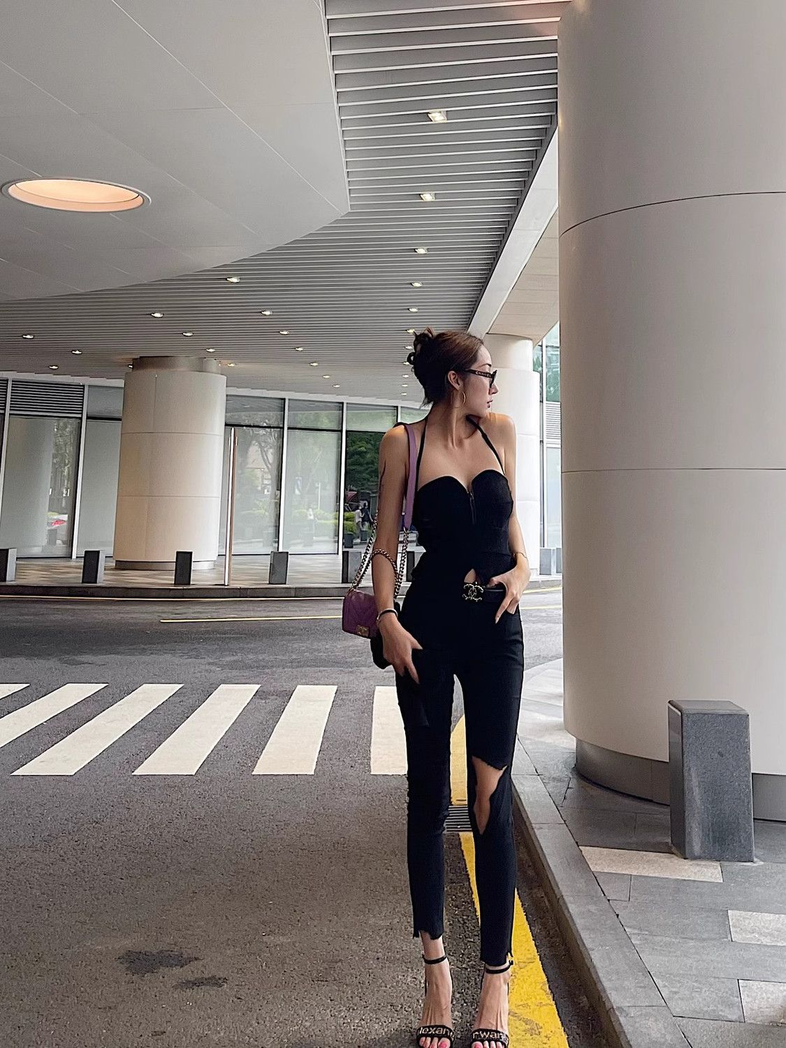 A black vertical strip velvet zipper sexy split fork slim fit and thin neck vest top - Mixbatch