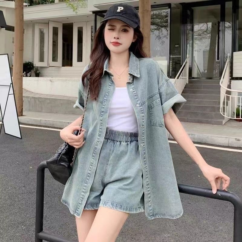 P summer short-sleeved casual loose and thin retro denim shirt and shorts two-piece set