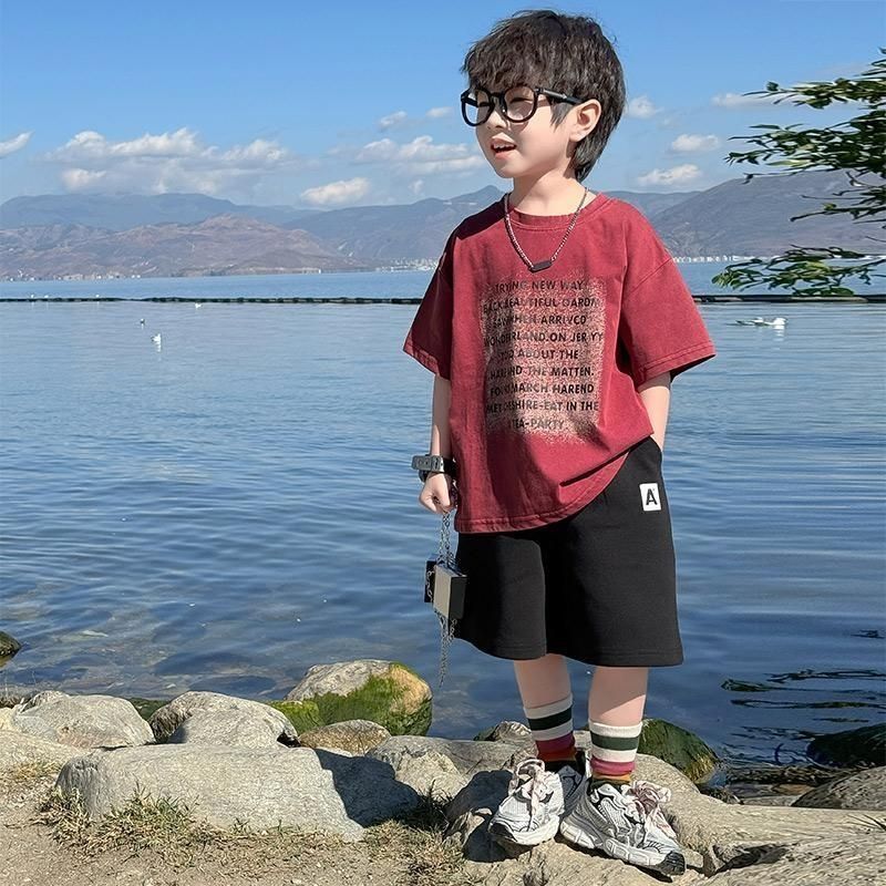 P boys summer new suit children's short-sleeved Korean version loose dragon fruit T-shirt black shorts two-piece set trendy