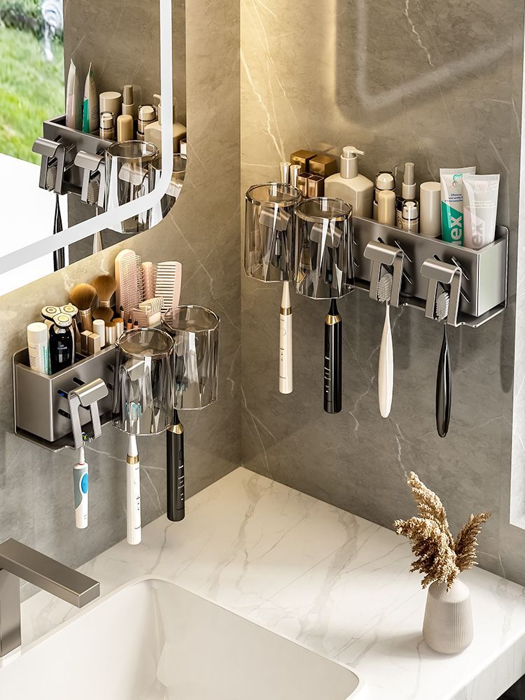 Gun ash toothbrush rack punch-free bathroom electric toothbrush holder gargle cup wall-mounted tooth cup storage rack - Mixbatch