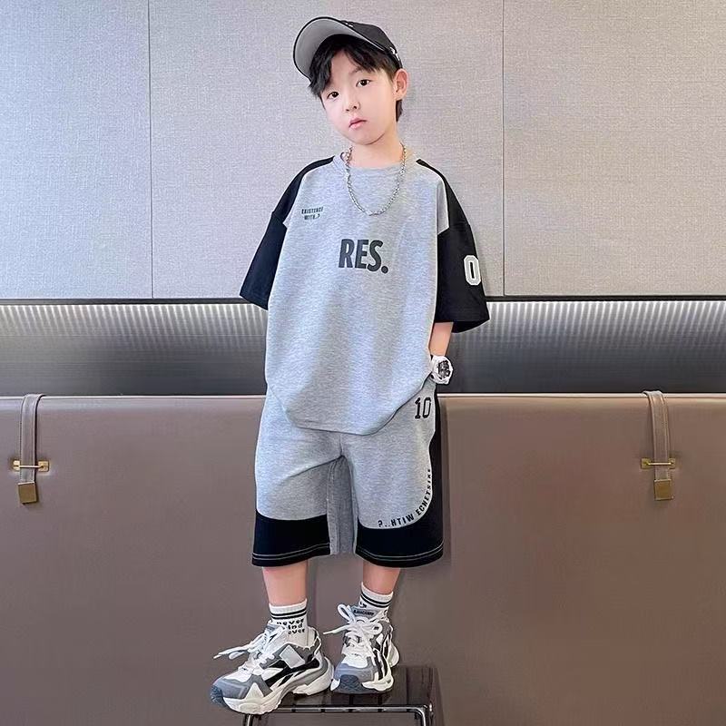 P [Pure Cotton Set] Boys Summer Short Sleeve Set Medium and Older Children's Sports Two-piece Set Boys Handsome Short Sleeve Shorts