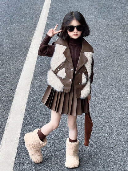 P girls' suit autumn and winter children's foreign style imitation fur vest older children's girls thickened bottoming shirt leather skirt three-piece set