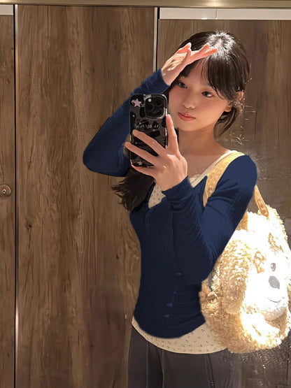 P bm wind pure lace floral fake two long-sleeved t-shirt women's spring autumn and winter inner bottoming shirt tight waist top