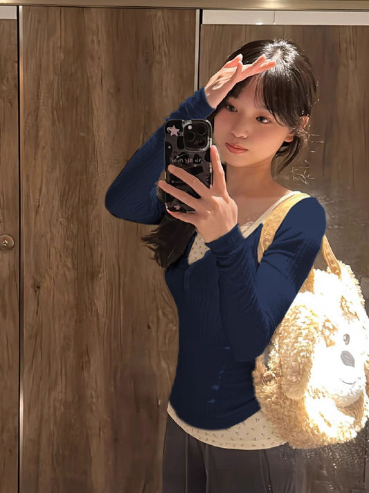 P bm wind pure lace floral fake two long-sleeved t-shirt women's spring autumn and winter inner bottoming shirt tight waist top