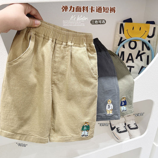 P Boys casual shorts loose five-point pants Children's cartoon embroidered pure cotton pants