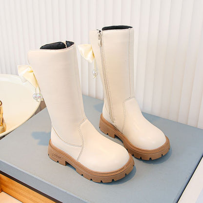 P new princess shoes children's boots medium and older children's soft-soled winter shoes long boots velvet leather boots