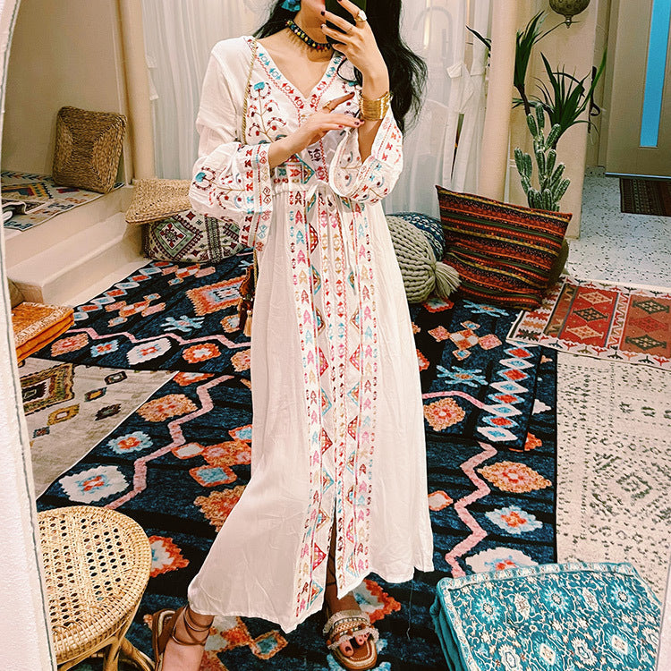 P ethnic style retro embroidery v-neck horn sleeve waist dress Tibet grassland desert photo long dress women