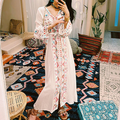 P ethnic style retro embroidery v-neck horn sleeve waist dress Tibet grassland desert photo long dress women