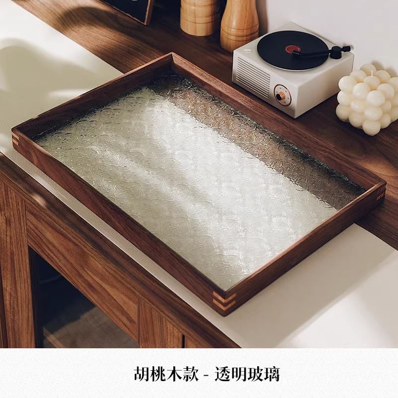 P Solid wood glass tray Small household rectangular walnut solid wood cup storage Fruit living room coffee table Tea snack plate