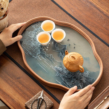 P landscape glass tray retro bamboo dry brewed tea tray fruit snack tray kung fu tea set tea cup storage tray