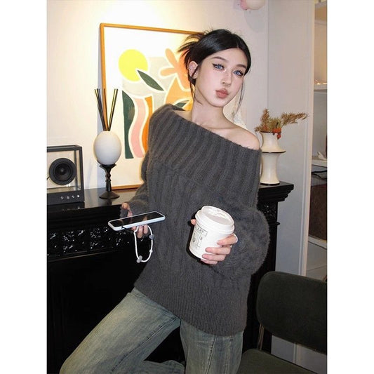 p pure desire lazy gray sweater new autumn and winter twist knitted sweater loose long-sleeved one-word top