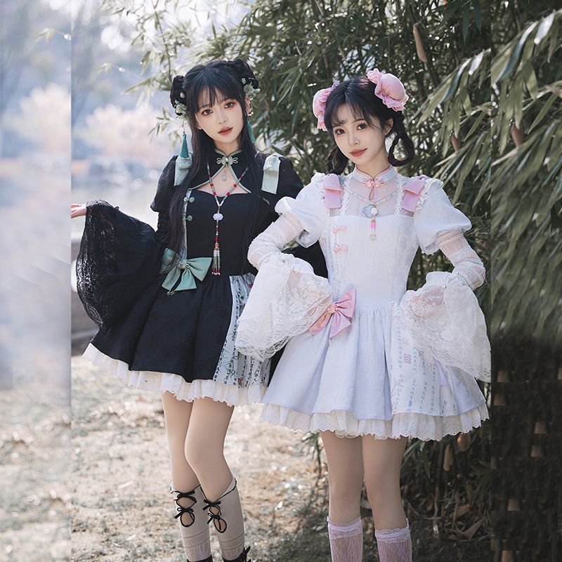 P withpuji original design Chinese style embroidered print sleeve cheongsam lolita summer