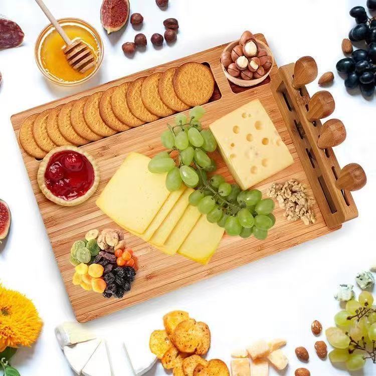 A Bamboo Plate Western Food Outdoor Pizza Plate with Knife Set Cutting Board Convenient Wooden Tray Cheese Board Set