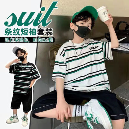 P boys summer short-sleeved set new striped half-sleeved medium and older children loose pure cotton two-piece set Korean version handsome