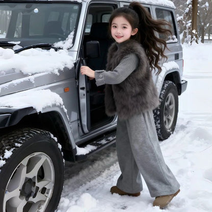 P Girls' Suit Autumn and Winter New Fashion Children's Fur Vest Foreign Thickened Pants Fashionable Three-Piece Set