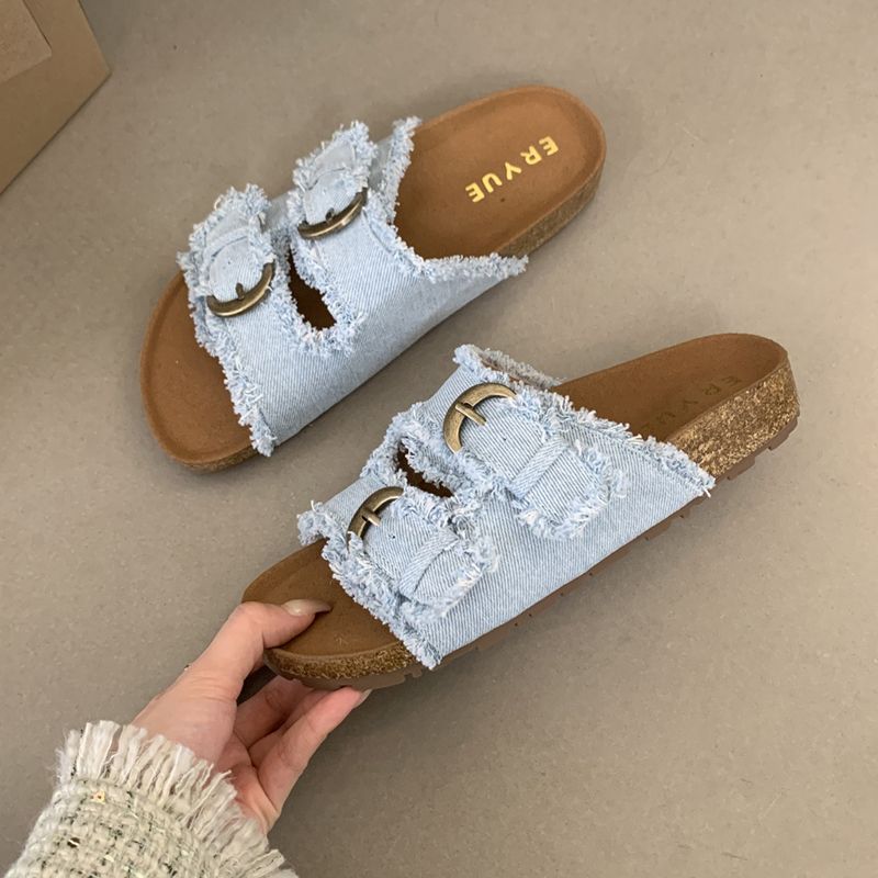P denim thick-bottomed Birkenstocks slippers women's summer wear new Korean version French temperament casual flat-bottomed women's sandals - Mixbatch