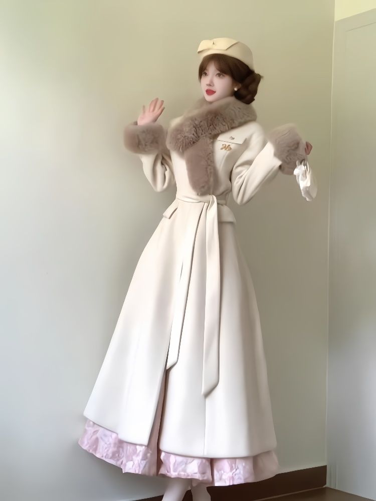 P fur collar long sleeve jacket