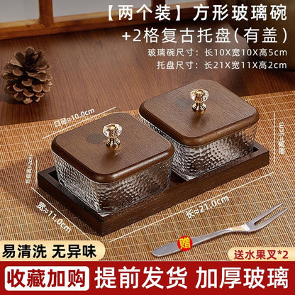 P Bamboo Wood Glass Fruit Snack Plate with Lid