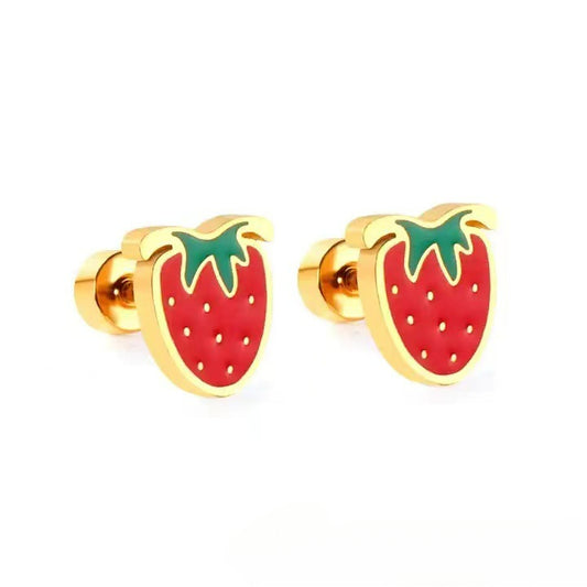 A European and American cross-border fashion dripping oil stainless steel rainbow watermelon strawberry fruit ear nails trendy personality factory direct sales - Mixbatch