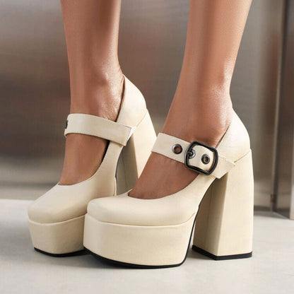P versatile waterproof table one-word buckle with square head thick heel high heel single shoes hate sky high nightclub women's shoes