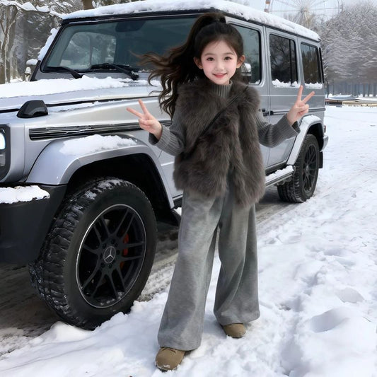 P Girls' Suit Autumn and Winter New Fashion Children's Fur Vest Foreign Thickened Pants Fashionable Three-Piece Set