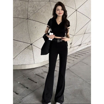 P summer new Spice Girl design short top + high waist and thin pants