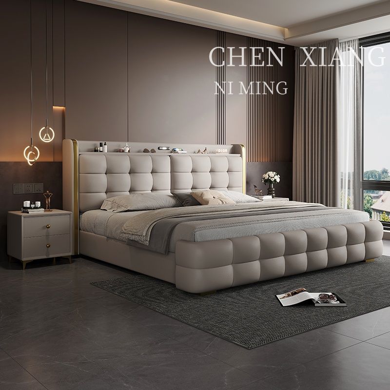 P Multifunctional storage Italian leather bed Light luxury luxury double master bedroom large bed Modern simple high-end soft bag wedding bed