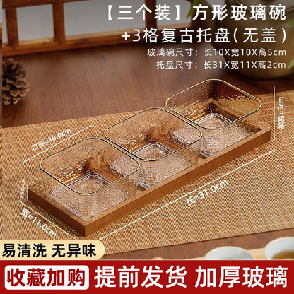 P Bamboo Wood Glass Fruit Snack Plate with Lid