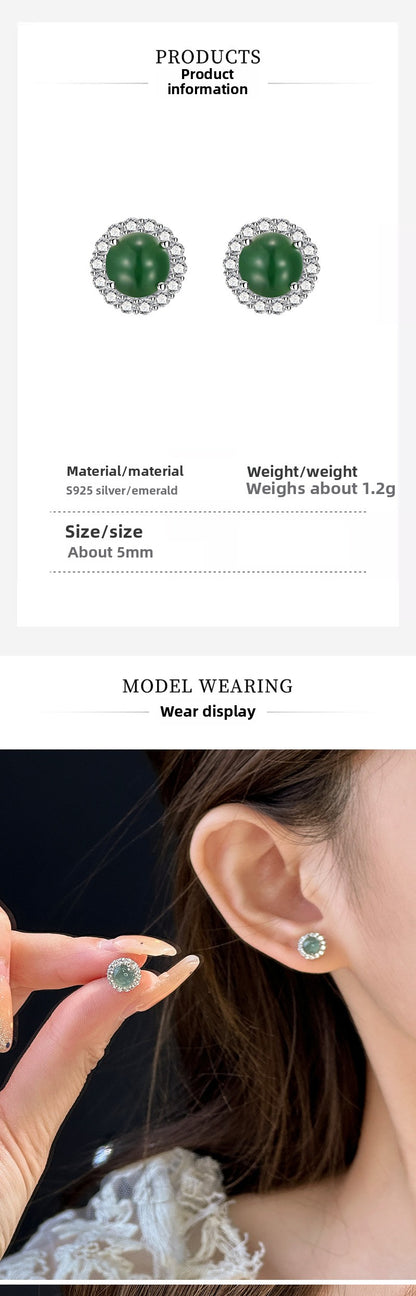 French retro sterling silver s925 stud earrings natural blue water jadeite dangerous material round bead gentle temperament daughter celebrity style